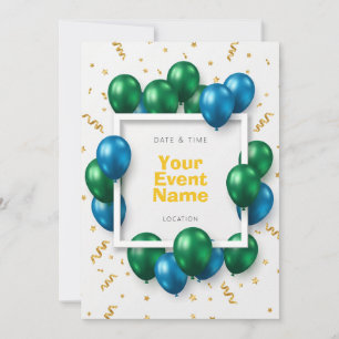 Green Blue Metallic Balloons Gold Confetti Invitation