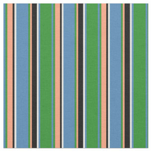 Green, Blue, Mint Cream, Black, Light Salmon Lines Fabric