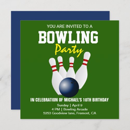 Green Blue Modern Bowling Party Birthday Invite