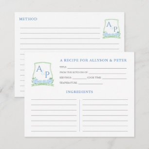Green Blue Monogram Bridal Shower Recipe Card