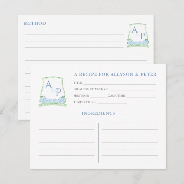 Green Blue Monogram Bridal Shower Recipe Card (Front/Back)
