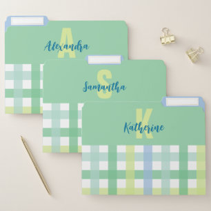 Green Blue Monogram Modern Gingham File Folders