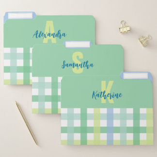 Green Blue Monogram Modern Gingham File Folders