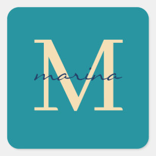 Green blue monogrammed square sticker