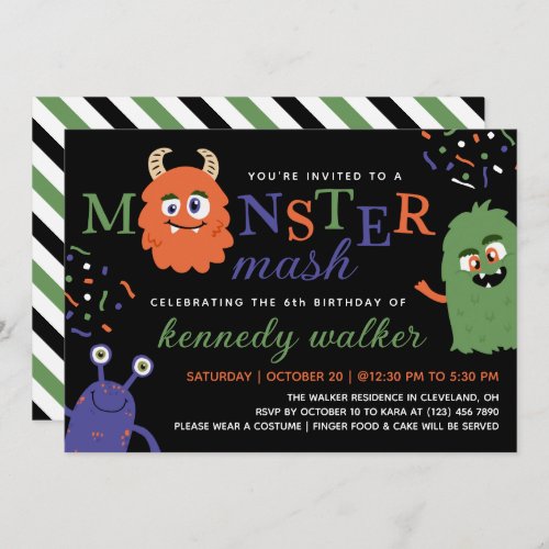 Green Blue Monster Mash Halloween Party Invitation