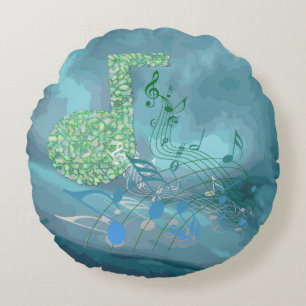 Green&Blue Music Notes Aqua Abstract Round Pillow