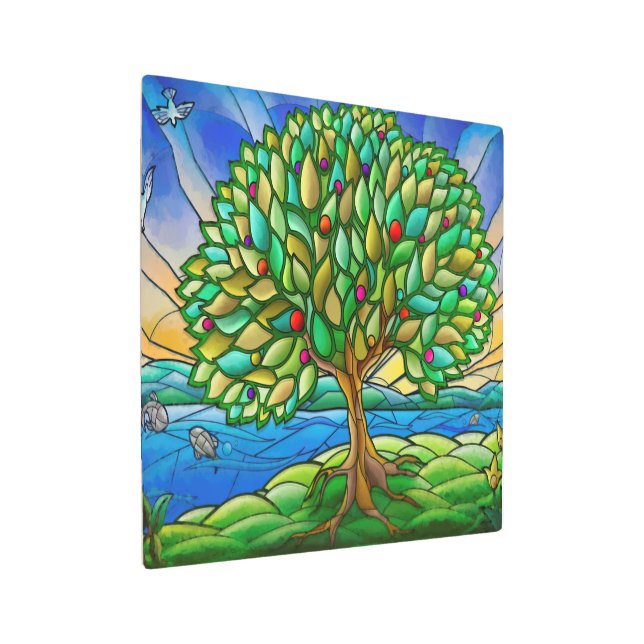 Green Blue Mystic Tree of Life Metal Wall Art (Angled)