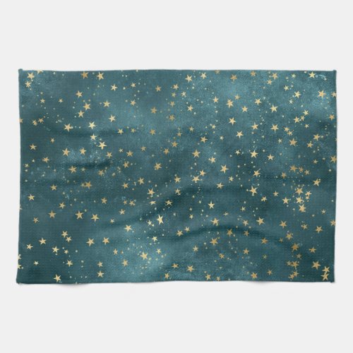Green blue night sky teal gold star pattern  kitchen towel
