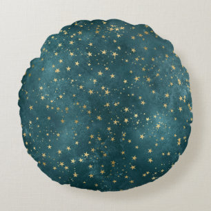 Green blue night sky teal gold star pattern round pillow