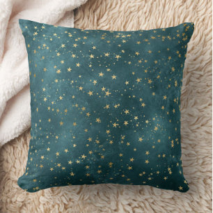 Green blue night sky teal gold star pattern throw pillow