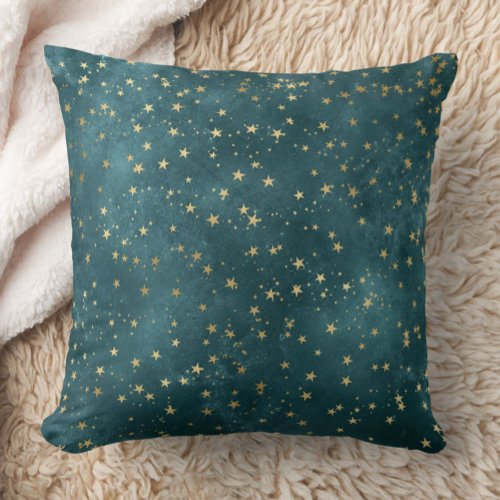 Green blue night sky teal gold star pattern  throw pillow