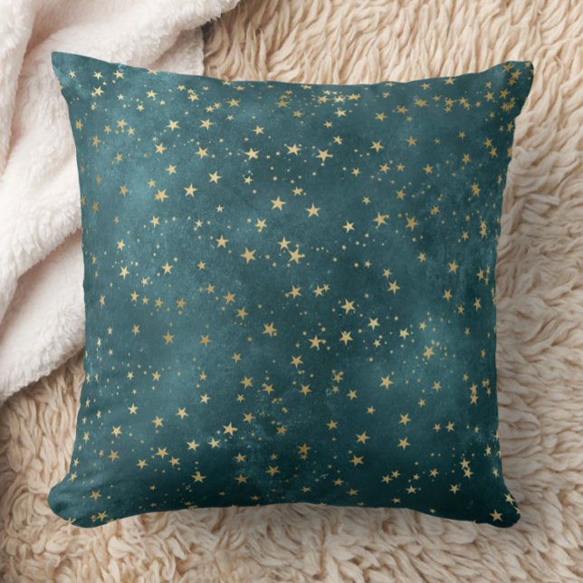 Green blue night sky teal gold star pattern  throw pillow (Creator Uploaded)