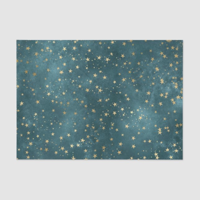 Green blue night sky teal gold star pattern  tissue paper (Front)