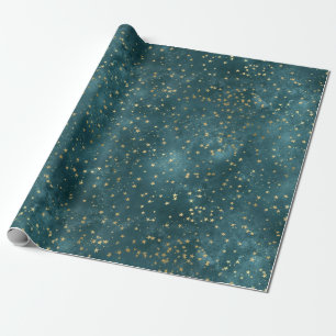 Green blue night sky teal gold star pattern wrapping paper