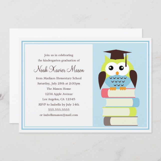 Green/Blue Owl Graduation Party Invitation (Front/Back)