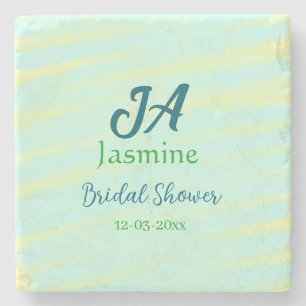 Green blue pastel watercolor bridal shower name da stone coaster