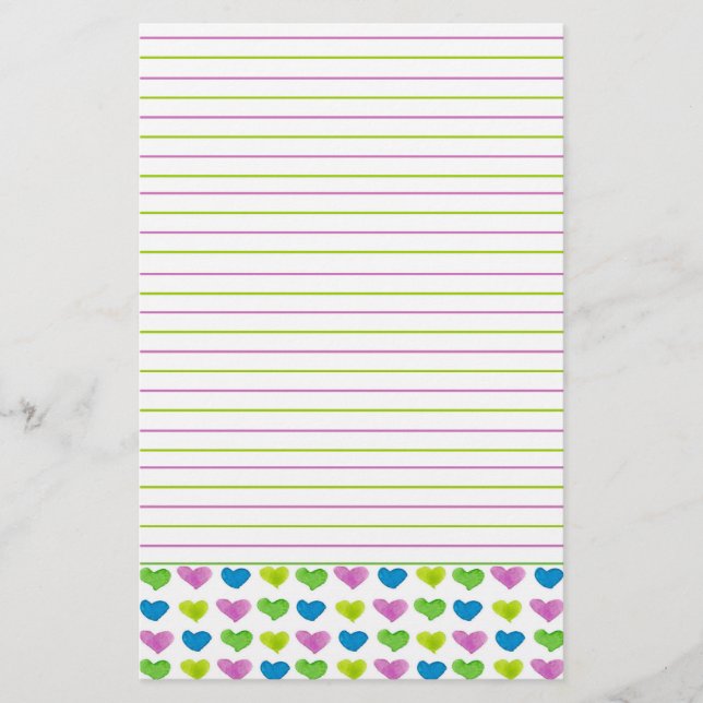 Green Blue Pastel Watercolor Hearts Lined Stationery (Front)