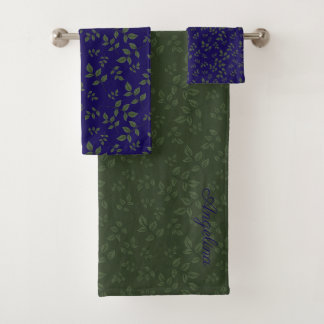 Green blue pattern leaves monogram bath towel set