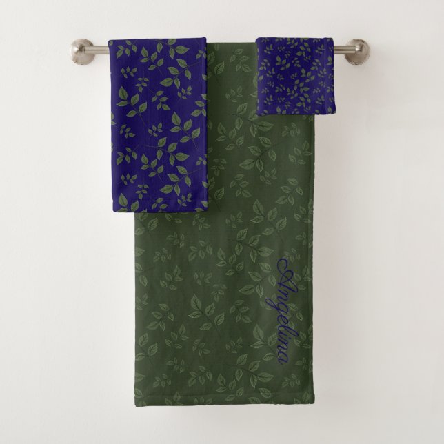 Green blue pattern leaves monogram bath towel set (Insitu)