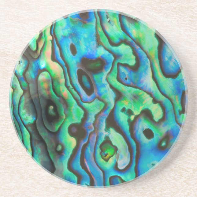 Green blue paua abalone shell sandstone coaster (Front)