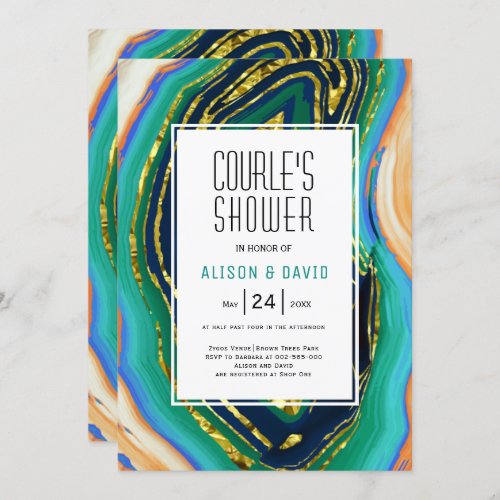 Green blue peach agate gold foil couples shower invitation