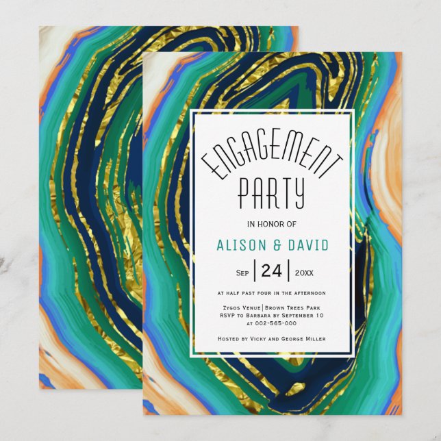 Green blue peach agate, gold foil engagement party invitation (Front/Back)