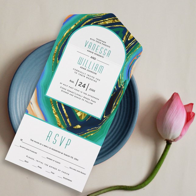 Green, blue, peach agate, gold foil geode wedding  all in one invitation (Creator Uploaded)