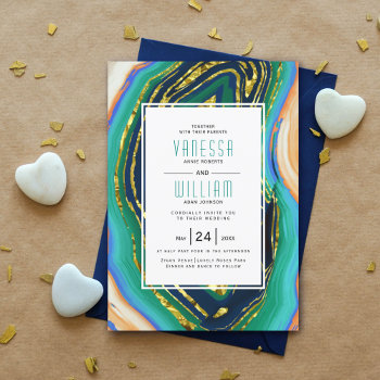Green  Blue  Peach Agate  Gold Foil Geode Wedding Invitation by weddings_ at Zazzle