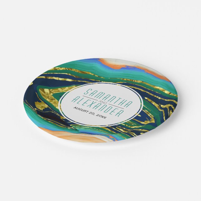 Green, blue, peach  gold foil agate, frame wedding paper plates (Angled)