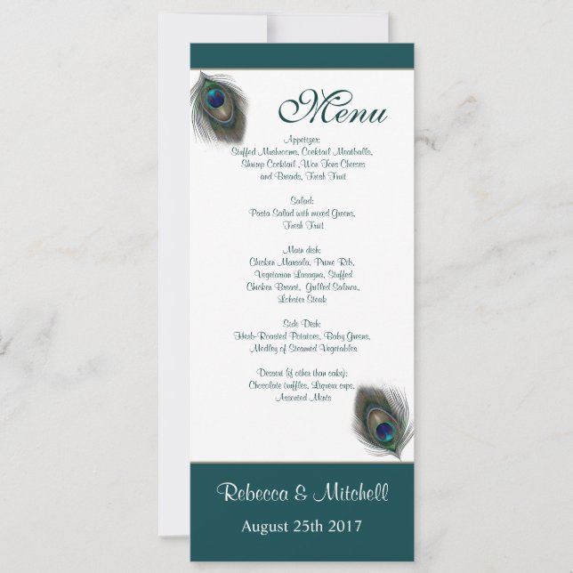 Green blue peacock feathers Menu Invitation (Front)