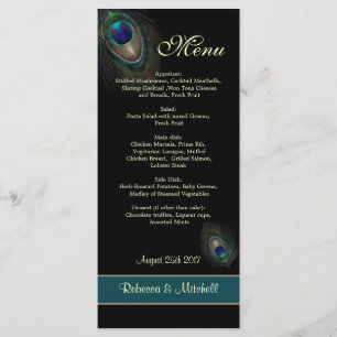 Green blue peacock feathers on black Menu