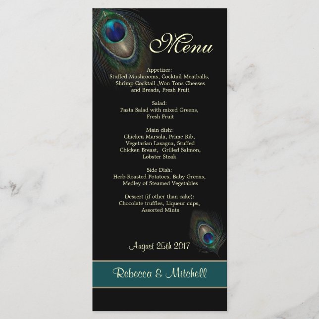 Green blue peacock feathers on black  Menu (Front)