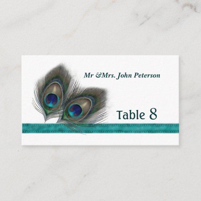 Green blue peacock feathers Place card (Front)