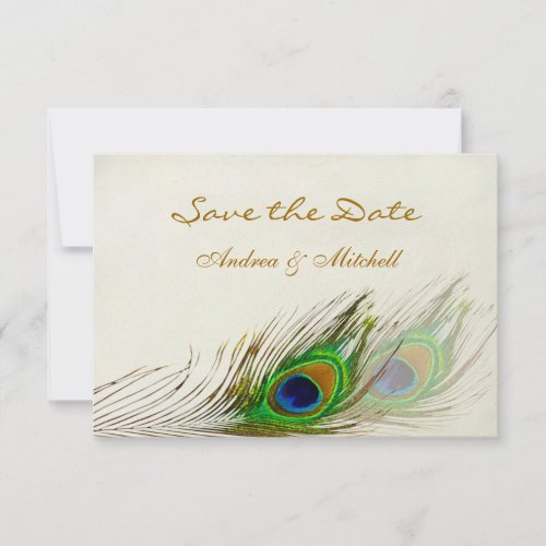 Green blue peacock feathers Save the date Invite