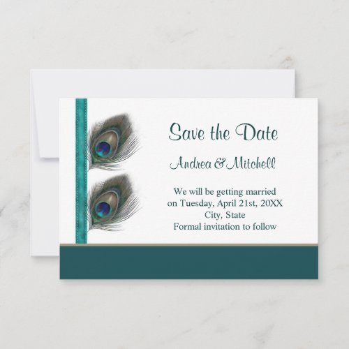 Green blue peacock feathers Save the date Invite
