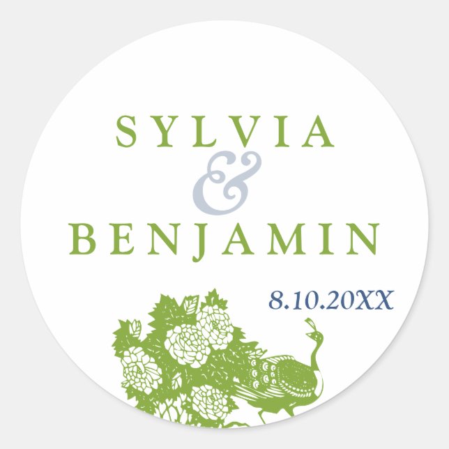 Green blue peacock garden chic wedding favor seal (Front)