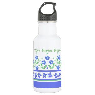 Green Blue Periwinkle Floral Border to Personalize Stainless Steel Water Bottle