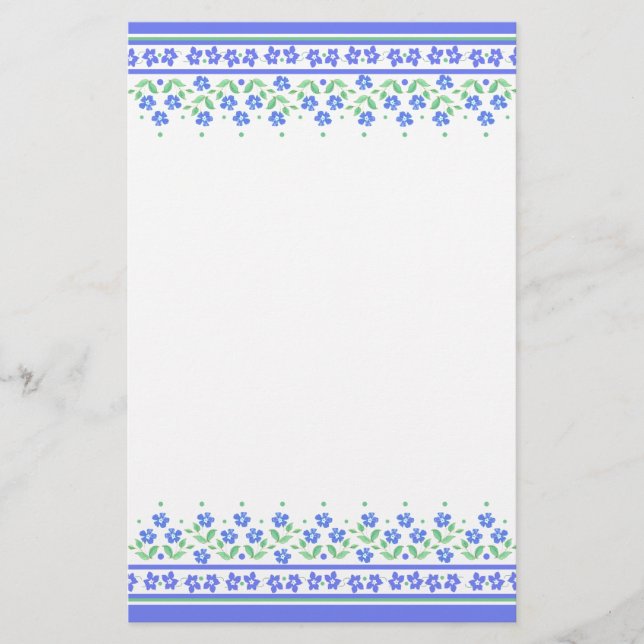 Green Blue Periwinkle Floral Border to Personalize Stationery (Front)