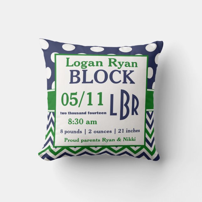Green Blue Personalized Baby Announcement Pillow (Front)