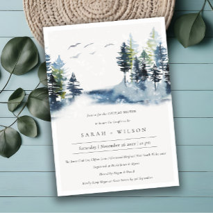 Green Blue Pine Forest Birds Couples Shower Invite