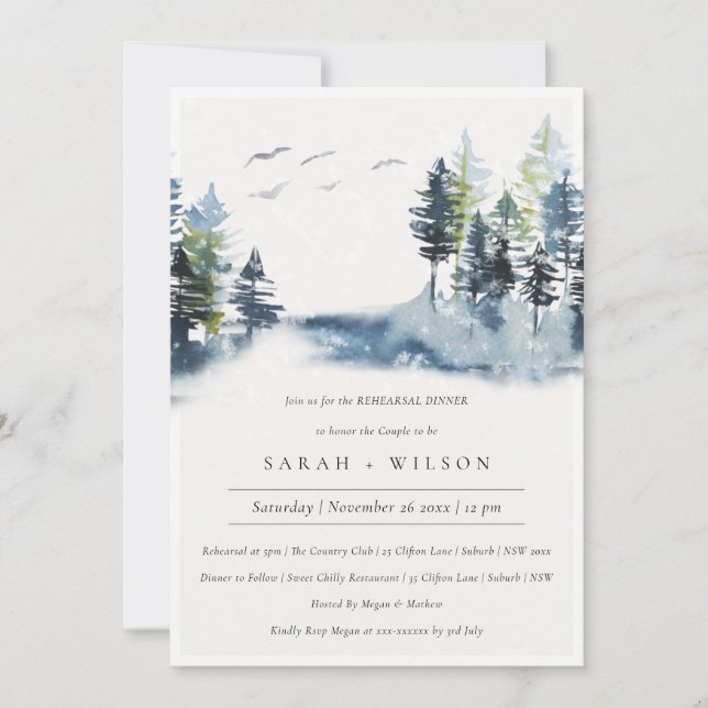 Green Blue Pine Woods Bird Rehearsal Dinner Invite (Front)