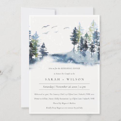 Green Blue Pine Woods Bird Rehearsal Dinner Invite