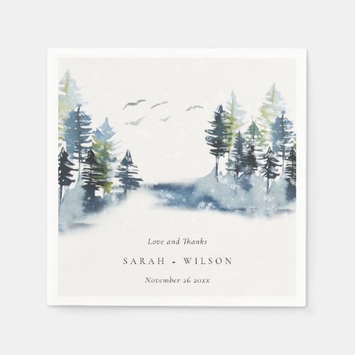 Green Blue Pine Woods Forest Birds Thanks Wedding Napkins