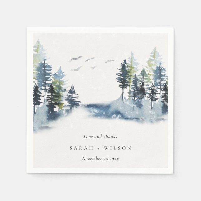 Green Blue Pine Woods Forest Birds Thanks Wedding Napkins (Front)