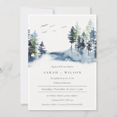 Green Blue Pine Woods Forest Birds Wedding Invite