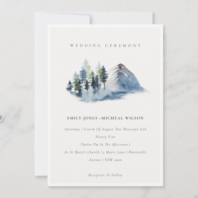 Green Blue Pine Woods Mountain Wedding Invite (Front)