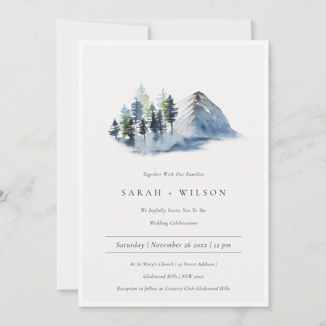Green Blue Pine Woods Mountain Wedding Invite (Front)