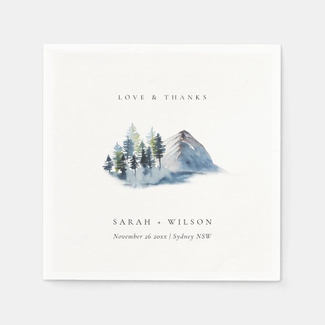 Green Blue Pine Woods Mountain Wedding Thanks Napkins (Front)