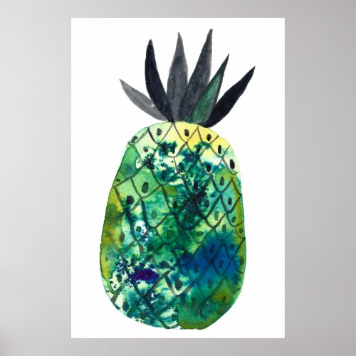 Green Blue Pineapple Watercolor Art Poster