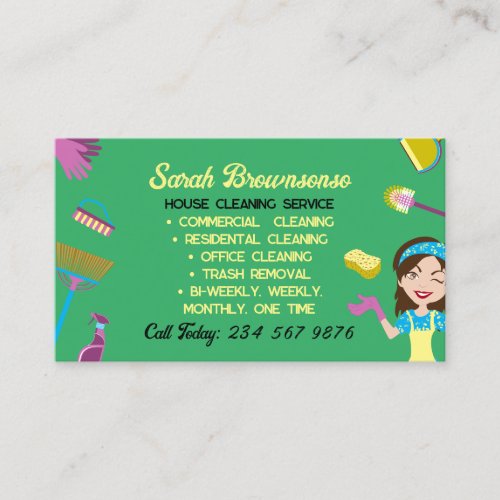 Green Blue Pink Housekeeper cleaning Janitorial Business Card